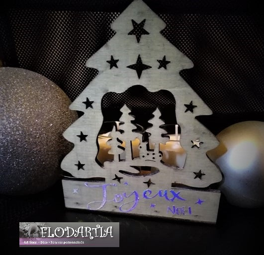 Décoration en bois avec deux bougies 
