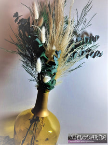 Fleurs séchées et verdure stabilisée dans Dame Jeanne (vase jaune)
