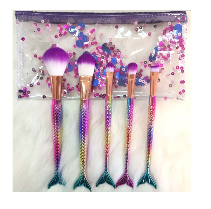 Lot de 5 Pinceaux de maquillage - Queues de Sirène Métalliques (bleu)