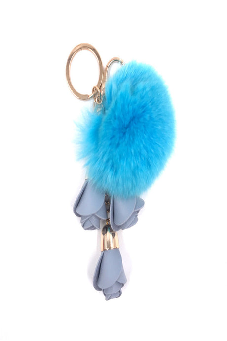 Porte-clé pompon fleuri bleu azur