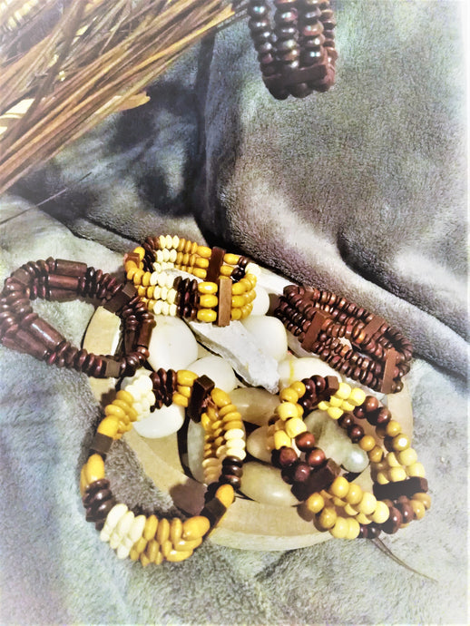 Bracelets 3 Rang de perles de bois Coco sur fil élastique