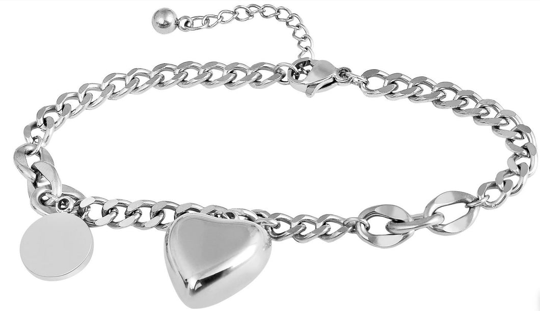 Bracelet chaîne avec coeur et pendentif en acier inoxydable adapté à la gravure