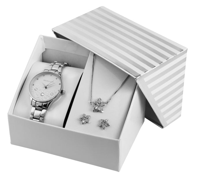 Box refermant une parure de bijoux (BO et Collier) et une montre 